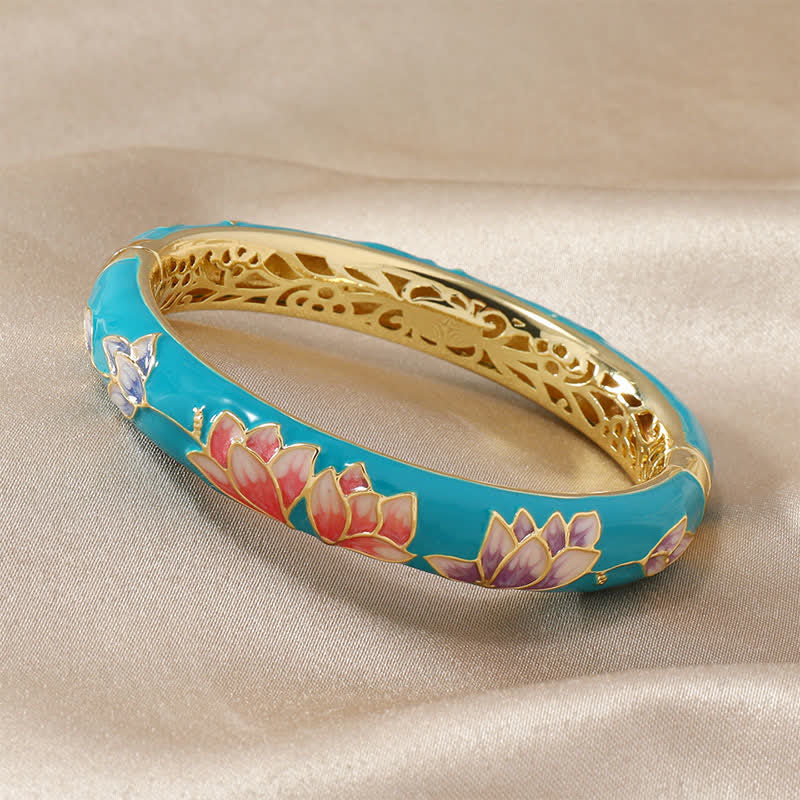 Buddha Stones Copper Lotus Cloisonné Enamel Enlightenment Bangle Bracelet - Turquoise Blue - image 3