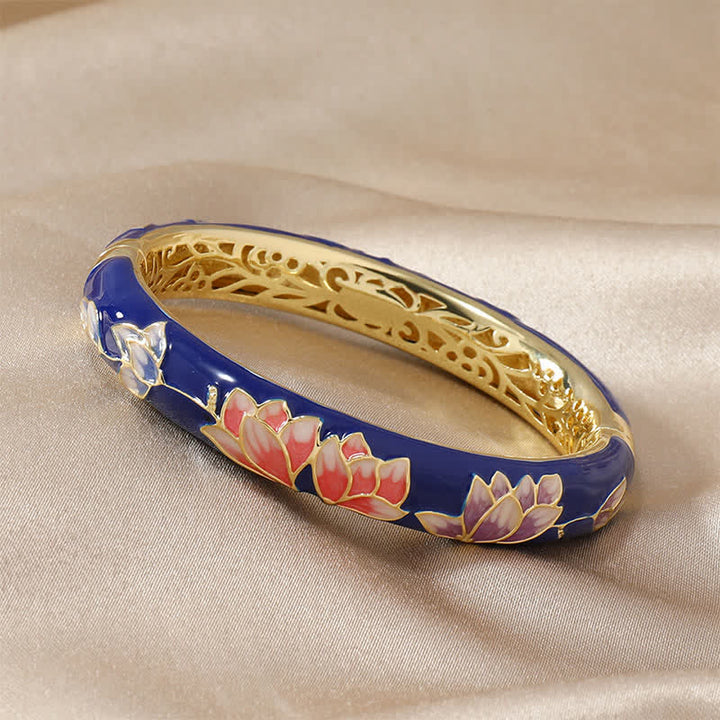 Buddha Stones Copper Lotus Cloisonné Enamel Enlightenment Bangle Bracelet - Blue - image 2