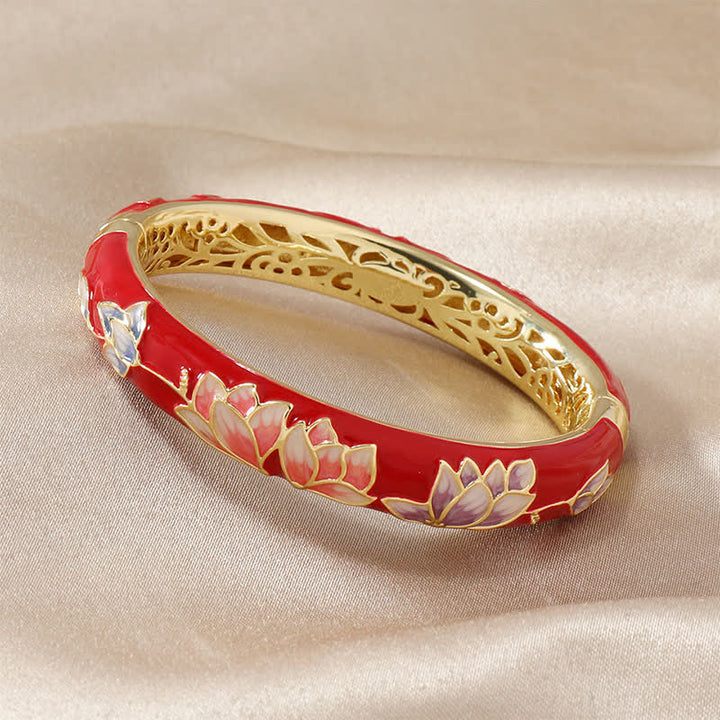 Buddha Stones Copper Lotus Cloisonné Enamel Enlightenment Bangle Bracelet - Red - image 0