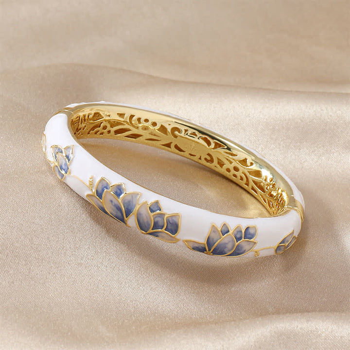 Buddha Stones Copper Lotus Cloisonné Enamel Enlightenment Bangle Bracelet - White - image 1
