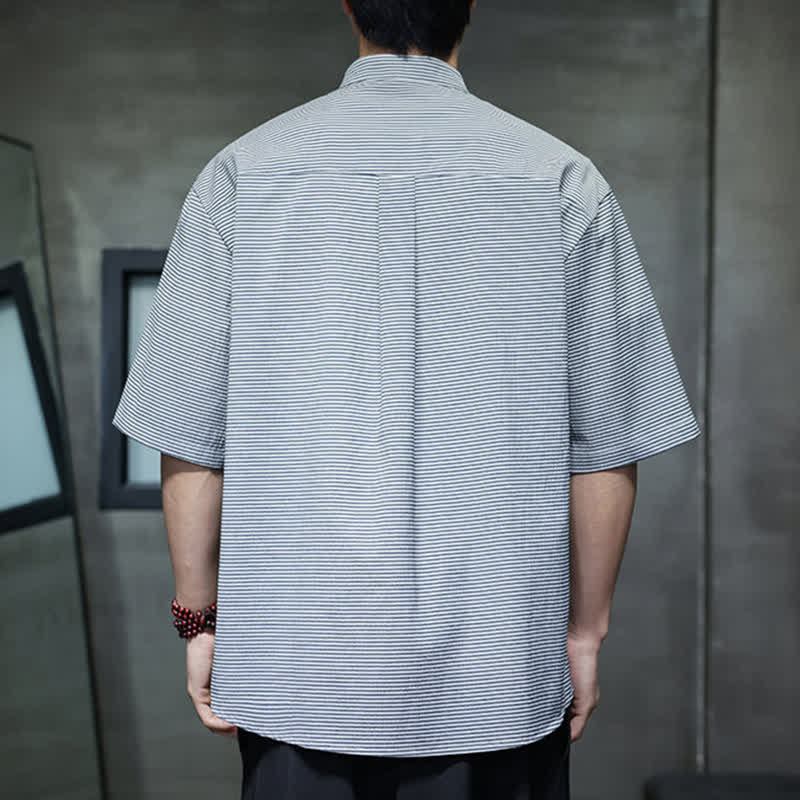Buddha Stones Summer Casual Mandarin Collar Pinstripe Pattern Button Up Men's Short Sleeve Shirts - image 9