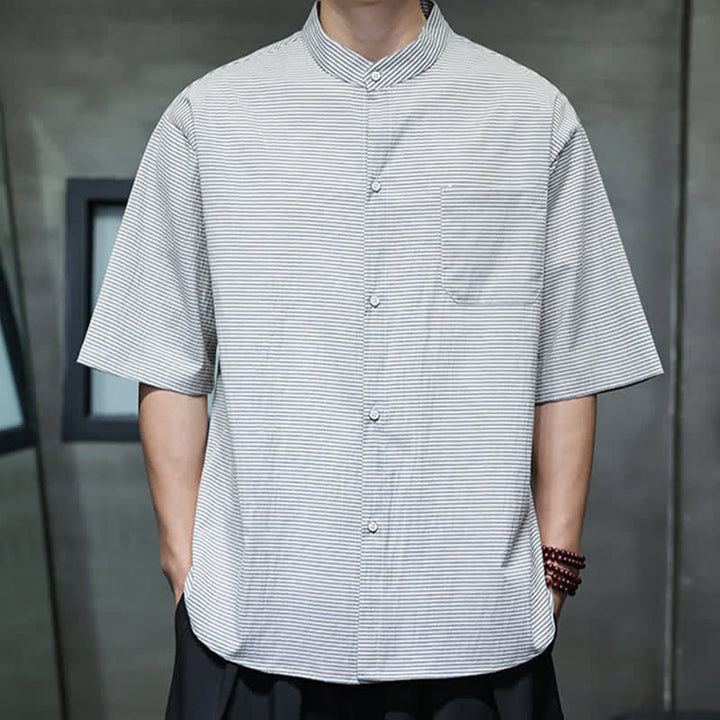 Buddha Stones Summer Casual Mandarin Collar Pinstripe Pattern Button Up Men's Short Sleeve Shirts - image 5