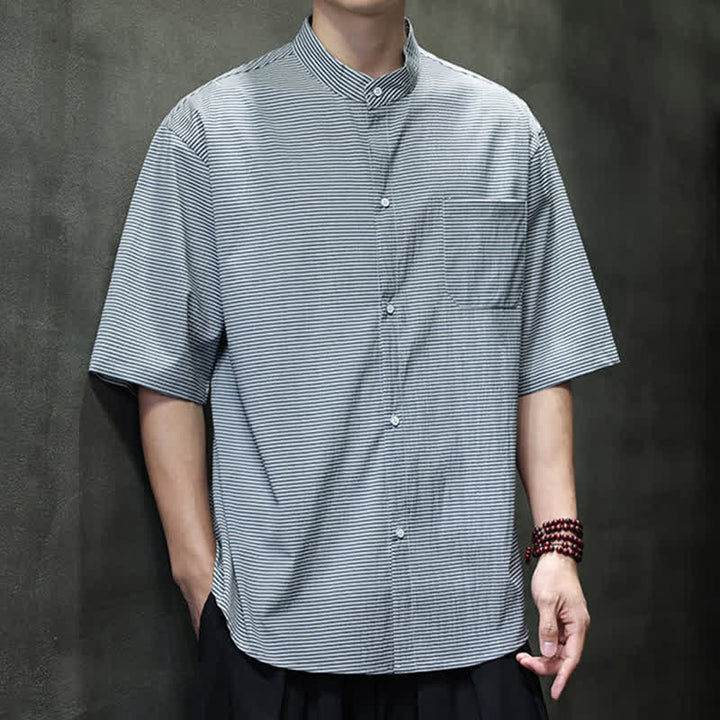 Buddha Stones Summer Casual Mandarin Collar Pinstripe Pattern Button Up Men's Short Sleeve Shirts - image 12
