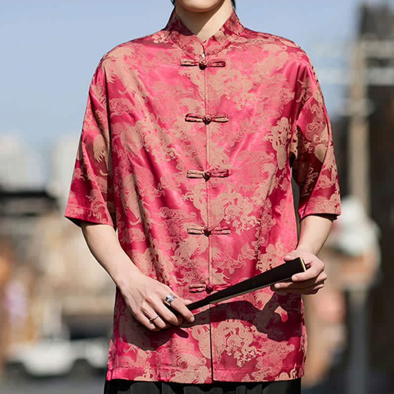 Buddha Stones Summer Tang Style Frog Button Animal Patterns Men's Short Sleeve Shirts - image 6