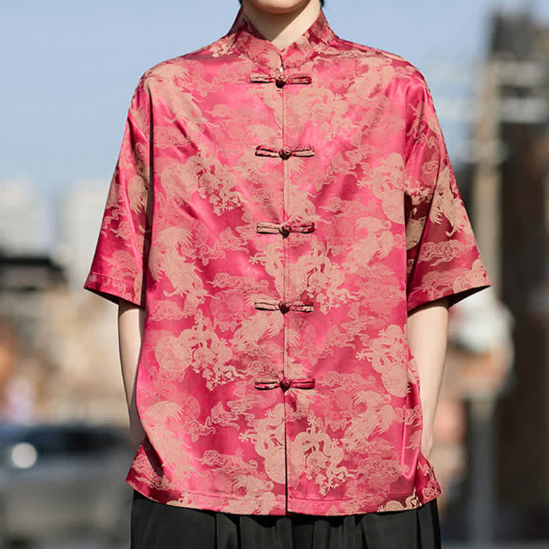 Buddha Stones Summer Tang Style Frog Button Animal Patterns Men's Short Sleeve Shirts - Crimson - US/UK/AU46，EU56 (5XL) - image 0