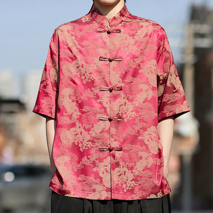 Buddha Stones Summer Tang Style Frog Button Animal Patterns Men's Short Sleeve Shirts - Crimson - US/UK/AU46，EU56 (5XL) - image 0