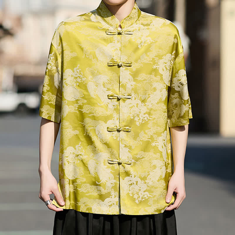 Buddha Stones Summer Tang Style Frog Button Animal Patterns Men's Short Sleeve Shirts - Yellow - US/UK/AU46，EU56 (5XL) - image 10