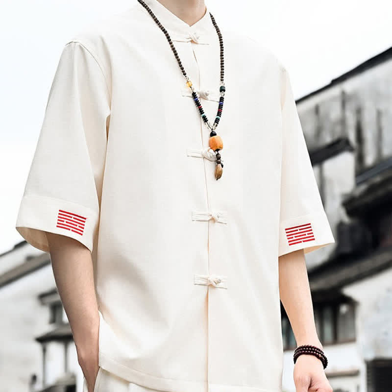 Buddha Stones Summer Tang Style Frog Button Solid Men's Short Sleeve Shirts - image 12