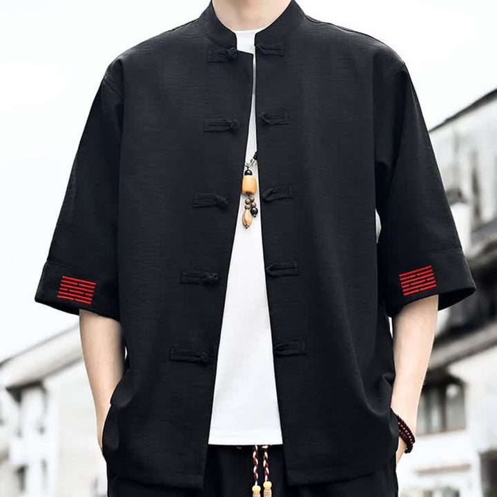 Buddha Stones Summer Tang Style Frog Button Solid Men's Short Sleeve Shirts - image 6
