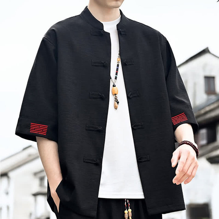 Buddha Stones Summer Tang Style Frog Button Solid Men's Short Sleeve Shirts - image 5