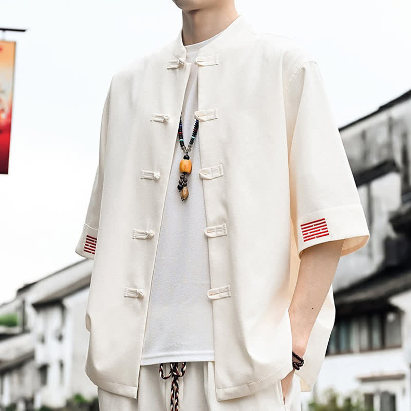 Buddha Stones Summer Tang Style Frog Button Solid Men's Short Sleeve Shirts - image 13
