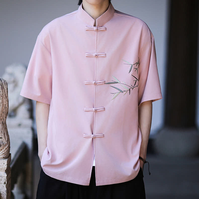 Buddha Stones Summer Tang Style Mandarin Collar Frog Button Bamboo Embroidery Men's Short Sleeve Shirts - image 20