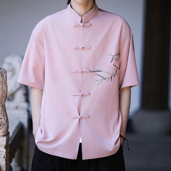 Buddha Stones Summer Tang Style Mandarin Collar Frog Button Bamboo Embroidery Men's Short Sleeve Shirts - image 20