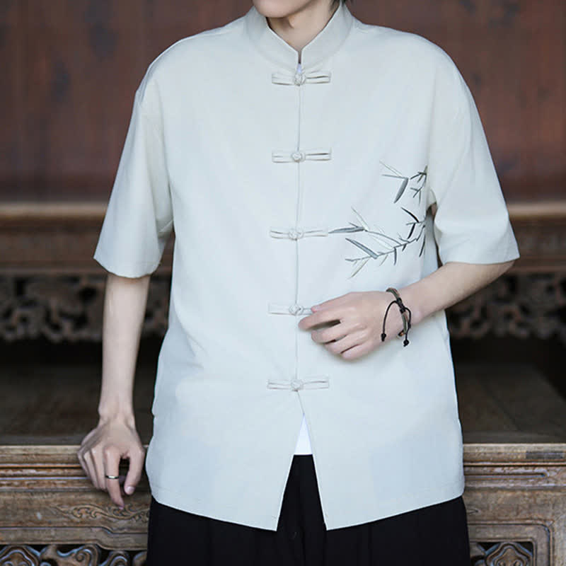 Buddha Stones Summer Tang Style Mandarin Collar Frog Button Bamboo Embroidery Men's Short Sleeve Shirts - image 3