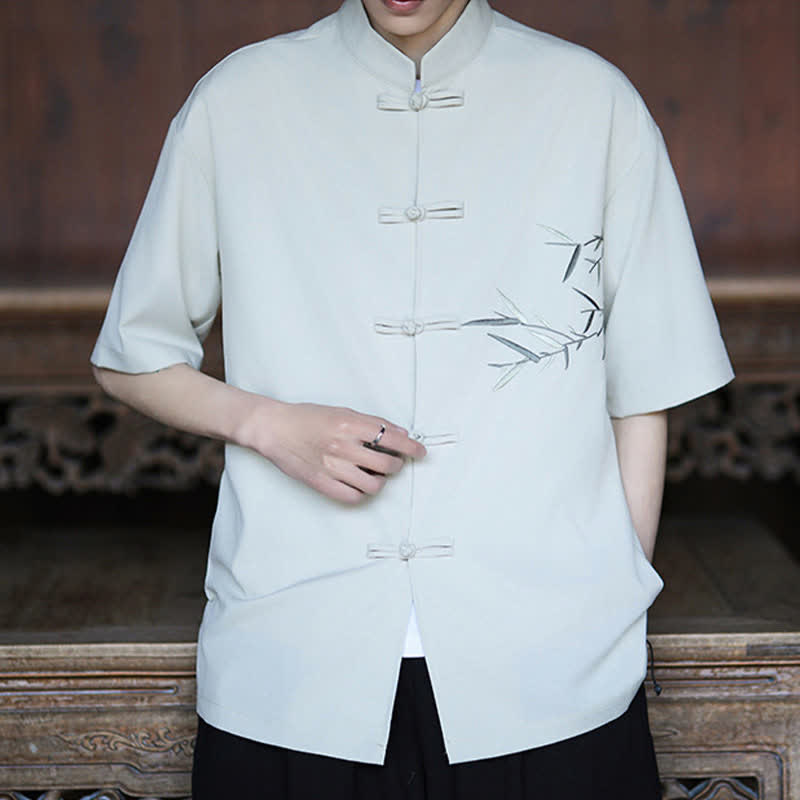 Buddha Stones Summer Tang Style Mandarin Collar Frog Button Bamboo Embroidery Men's Short Sleeve Shirts - image 1