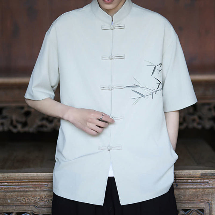 Buddha Stones Summer Tang Style Mandarin Collar Frog Button Bamboo Embroidery Men's Short Sleeve Shirts - image 1