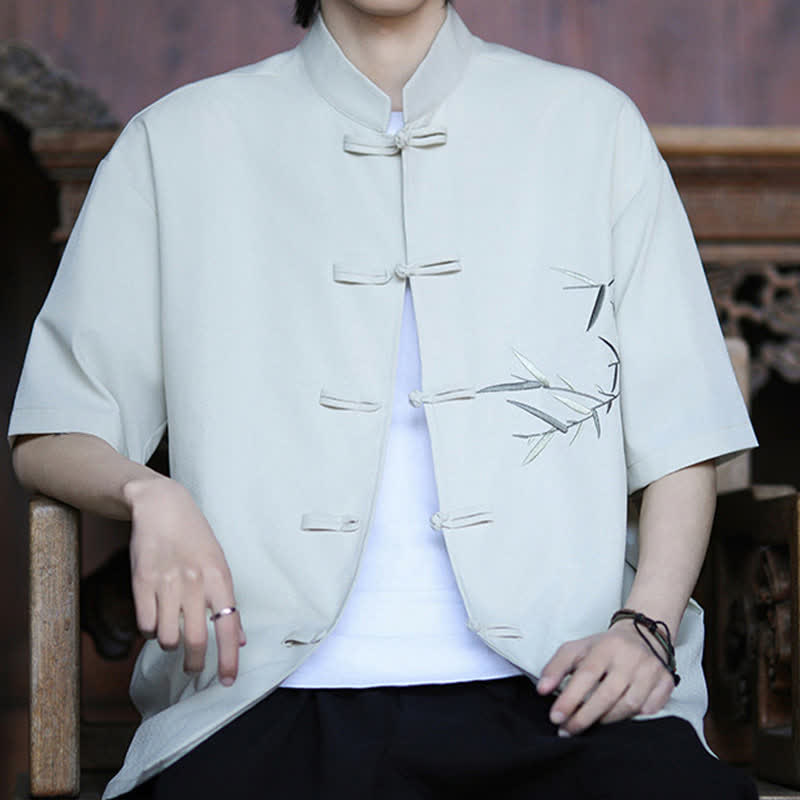 Buddha Stones Summer Tang Style Mandarin Collar Frog Button Bamboo Embroidery Men's Short Sleeve Shirts - image 7