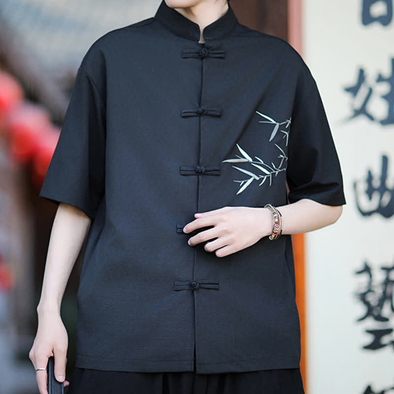 Buddha Stones Summer Tang Style Mandarin Collar Frog Button Bamboo Embroidery Men's Short Sleeve Shirts - image 14