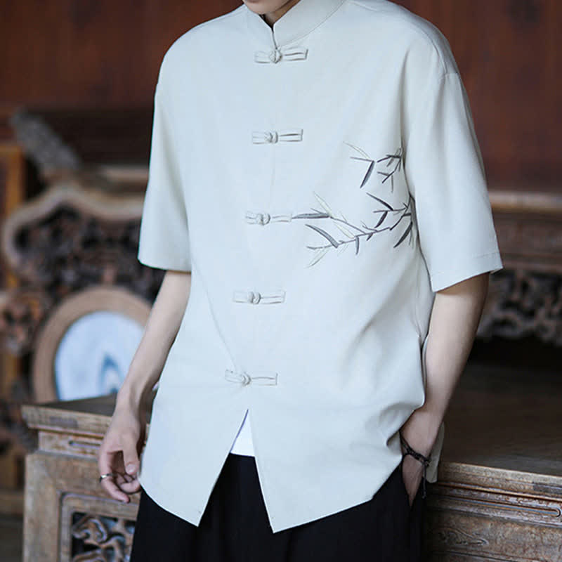 Buddha Stones Summer Tang Style Mandarin Collar Frog Button Bamboo Embroidery Men's Short Sleeve Shirts - image 4