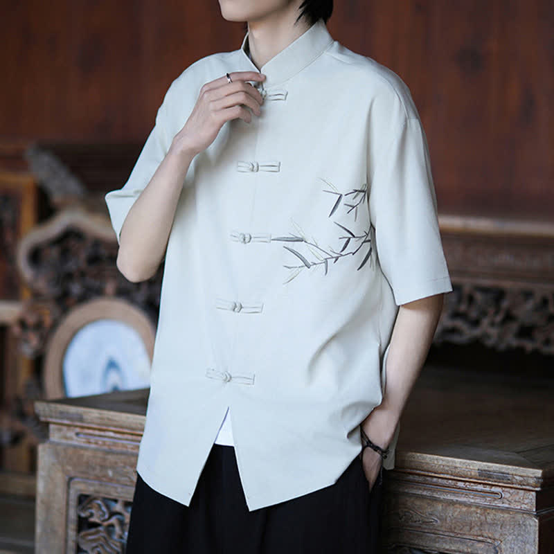Buddha Stones Summer Tang Style Mandarin Collar Frog Button Bamboo Embroidery Men's Short Sleeve Shirts - image 2