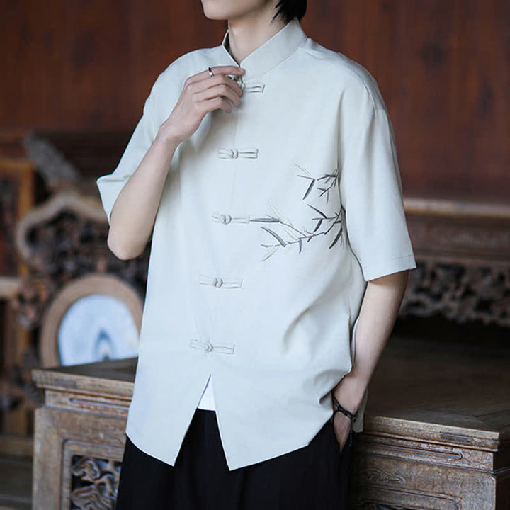 Buddha Stones Summer Tang Style Mandarin Collar Frog Button Bamboo Embroidery Men's Short Sleeve Shirts - image 2