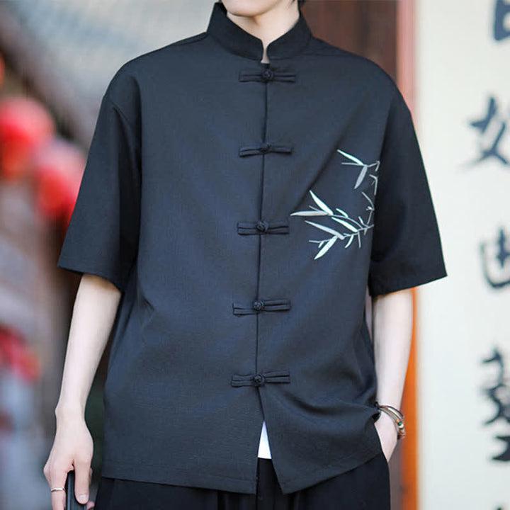 Buddha Stones Summer Tang Style Mandarin Collar Frog Button Bamboo Embroidery Men's Short Sleeve Shirts - image 15