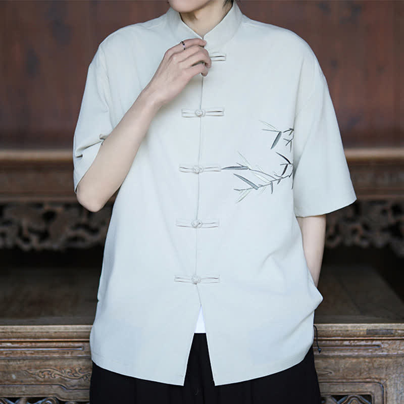 Buddha Stones Summer Tang Style Mandarin Collar Frog Button Bamboo Embroidery Men's Short Sleeve Shirts - White - US/UK/AU46，EU56 (5XL) - image 0