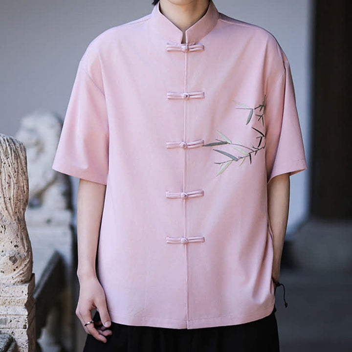 Buddha Stones Summer Tang Style Mandarin Collar Frog Button Bamboo Embroidery Men's Short Sleeve Shirts - image 25