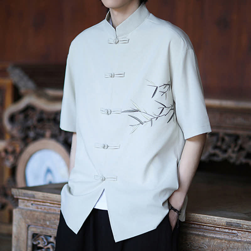 Buddha Stones Summer Tang Style Mandarin Collar Frog Button Bamboo Embroidery Men's Short Sleeve Shirts - image 5