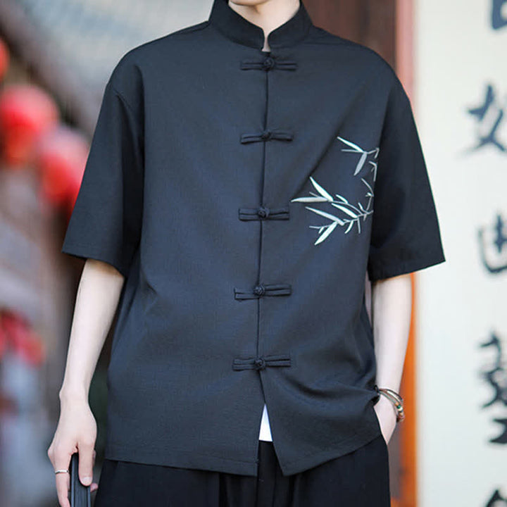 Buddha Stones Summer Tang Style Mandarin Collar Frog Button Bamboo Embroidery Men's Short Sleeve Shirts - image 12