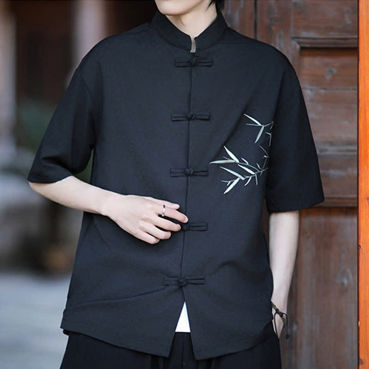 Buddha Stones Summer Tang Style Mandarin Collar Frog Button Bamboo Embroidery Men's Short Sleeve Shirts - image 11