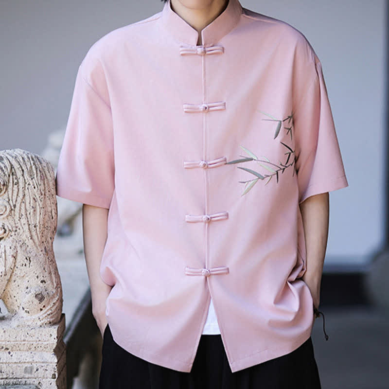 Buddha Stones Summer Tang Style Mandarin Collar Frog Button Bamboo Embroidery Men's Short Sleeve Shirts - image 27