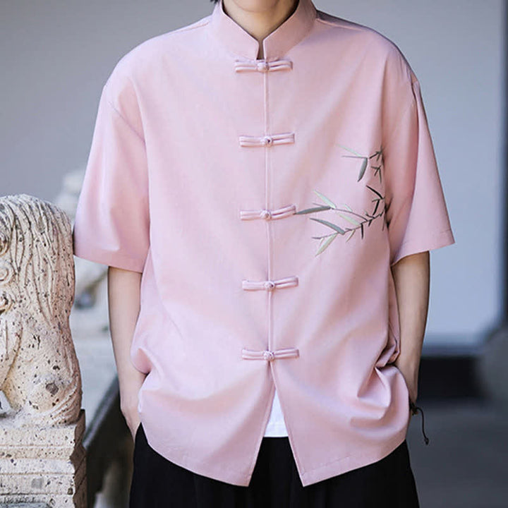 Buddha Stones Summer Tang Style Mandarin Collar Frog Button Bamboo Embroidery Men's Short Sleeve Shirts - image 27