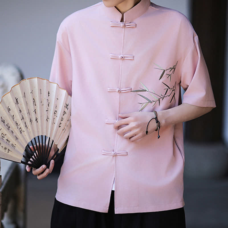 Buddha Stones Summer Tang Style Mandarin Collar Frog Button Bamboo Embroidery Men's Short Sleeve Shirts - image 26