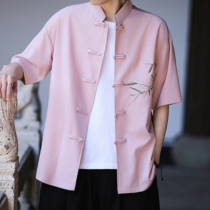 Buddha Stones Summer Tang Style Mandarin Collar Frog Button Bamboo Embroidery Men's Short Sleeve Shirts - image 23