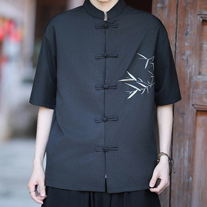 Buddha Stones Summer Tang Style Mandarin Collar Frog Button Bamboo Embroidery Men's Short Sleeve Shirts - image 9