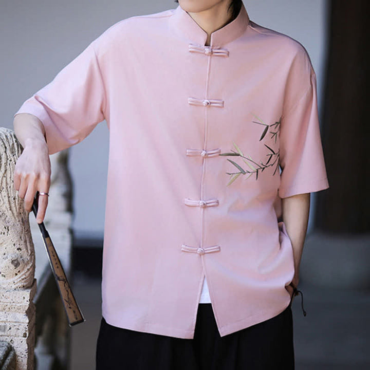 Buddha Stones Summer Tang Style Mandarin Collar Frog Button Bamboo Embroidery Men's Short Sleeve Shirts - image 24