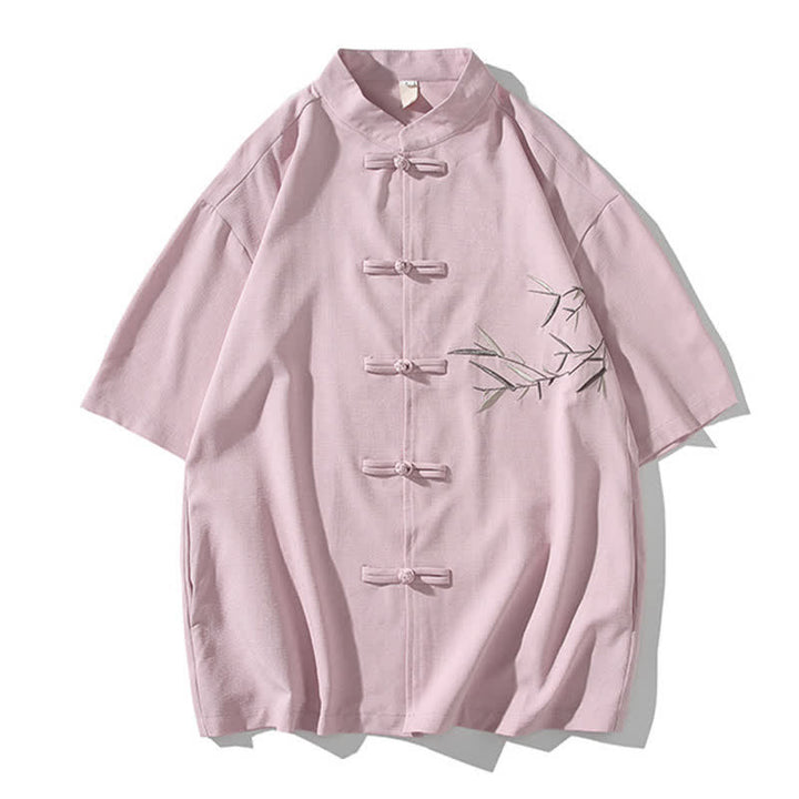 Buddha Stones Summer Tang Style Mandarin Collar Frog Button Bamboo Embroidery Men's Short Sleeve Shirts - image 28
