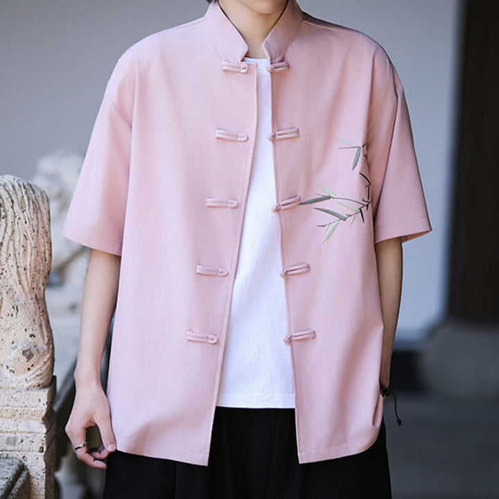 Buddha Stones Summer Tang Style Mandarin Collar Frog Button Bamboo Embroidery Men's Short Sleeve Shirts - image 22