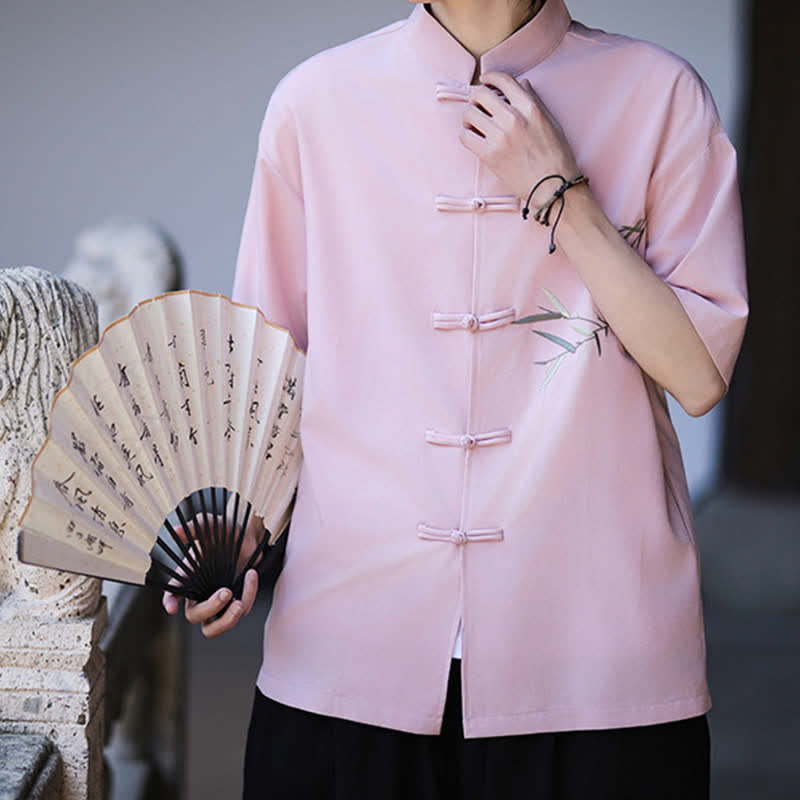 Buddha Stones Summer Tang Style Mandarin Collar Frog Button Bamboo Embroidery Men's Short Sleeve Shirts - LightPink - US/UK/AU46，EU56 (5XL) - image 19