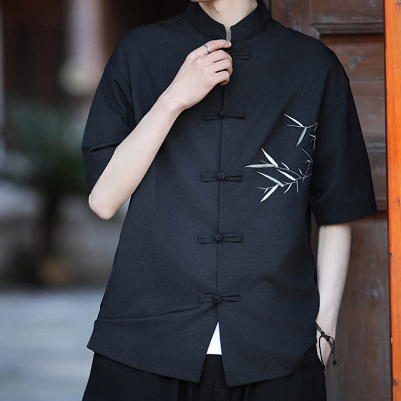 Buddha Stones Summer Tang Style Mandarin Collar Frog Button Bamboo Embroidery Men's Short Sleeve Shirts - Black - US/UK/AU46，EU56 (5XL) - image 8