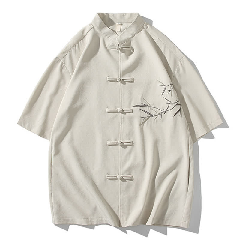Buddha Stones Summer Tang Style Mandarin Collar Frog Button Bamboo Embroidery Men's Short Sleeve Shirts - Linen - US/UK/AU46，EU56 (5XL) - image 30