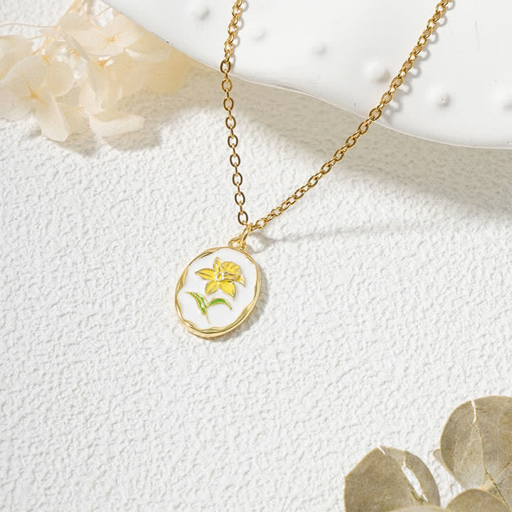 Buddha Stones Titanium Steel Birth Flower Strengthen Pendant Necklace - Jonquil - Golden Titanium Steel - image 6