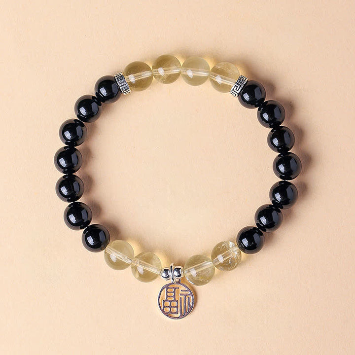 Buddha Stones Black Onyx Fu Character Beaded Luck Bracelet - Black Onyx Citrine(Wrist Circumference:15–16 cm) - image 1