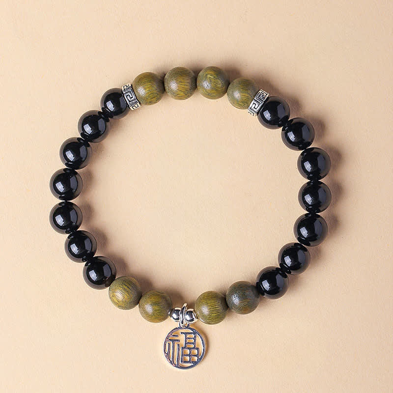 Buddha Stones Black Onyx Fu Character Beaded Luck Bracelet - Black Onyx Green Sandalwood(Wrist Circumference:15–16 cm) - image 16