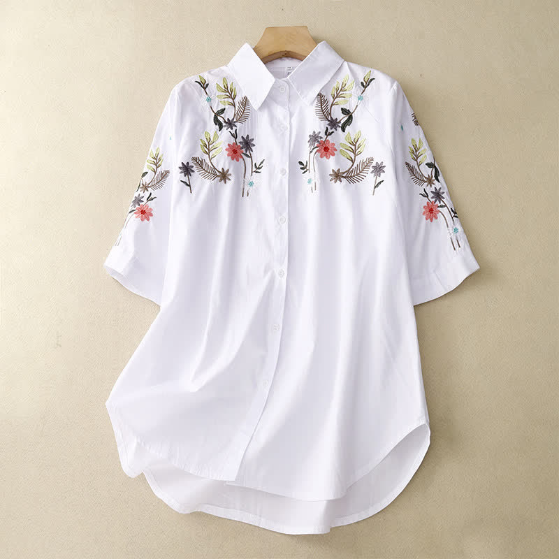 Buddha Stones Spring Summer Boho Embroidery Floral Women's Short Sleeve Shirt - White - US8-10，UK/AU12-14，EU40-42 (2XL) - image 6