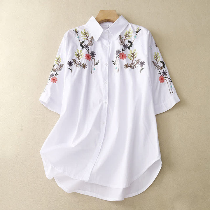 Buddha Stones Spring Summer Boho Embroidery Floral Women's Short Sleeve Shirt - White - US8-10，UK/AU12-14，EU40-42 (2XL) - image 6