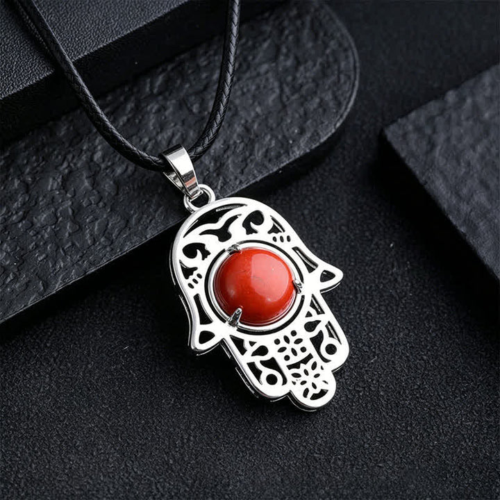 Buddha Stones Natural Black Obsidian Hamsa Palm Inlay Crystal Strength Necklace - Natural Redstone(Color May Vary) - image 12