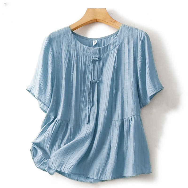 Buddha Stones Summer Boho Buttons Solid Crew Neck Women's Short Sleeve Shirt - LightSteelBlue - US8-10，UK/AU12-14，EU40-42 (2XL) - image 0