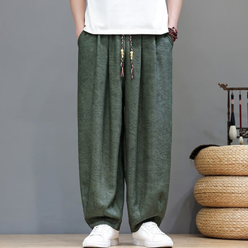 Buddha Stones Summer Bohemian Drawstring Solid Plant Pattern Men's Harem Pants With Pockets - image 1